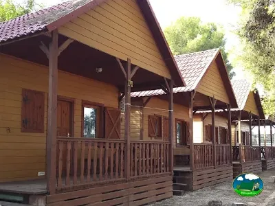 Bungalow de madera con porche y vistas al bosque del Camping L`Alqueria, Gandía (Valencia)
