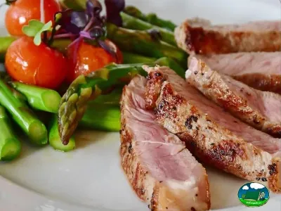 Restaurante, plato de carne del Camping L`Alqueria, Gandía (Valencia)