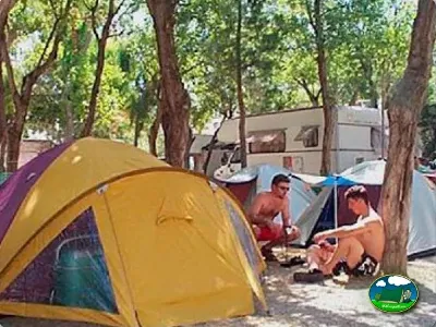 Parcela con tienda de acampada y mobil-home bajo árboles del Camping San Vicente, Xeraco (Valencia)