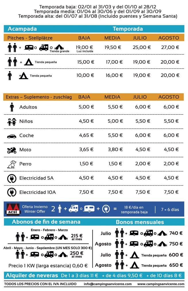 Tarifas  en Camping San Vicente, Valencia, España