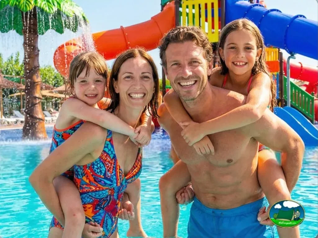 Piscina infantil con parque acuático y familia disfrutando del Camping Los Naranjos, Moncofa (Castellón)