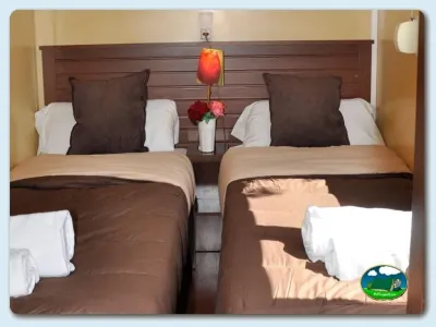 Habitación con dos camas individuales y cabecero de madera del Camping La estanca, Alcañiz (Teruel)