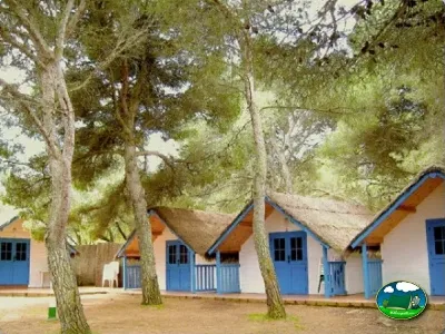 Bungalow con techo de paja entre árboles del Camping Son Bou, Alaior (Menorca)
