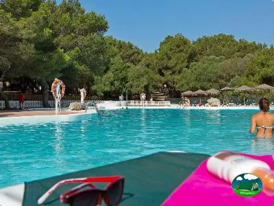 Piscina con vistas al bosque y sombrillas del Camping Son Bou, Alaior (Menorca)