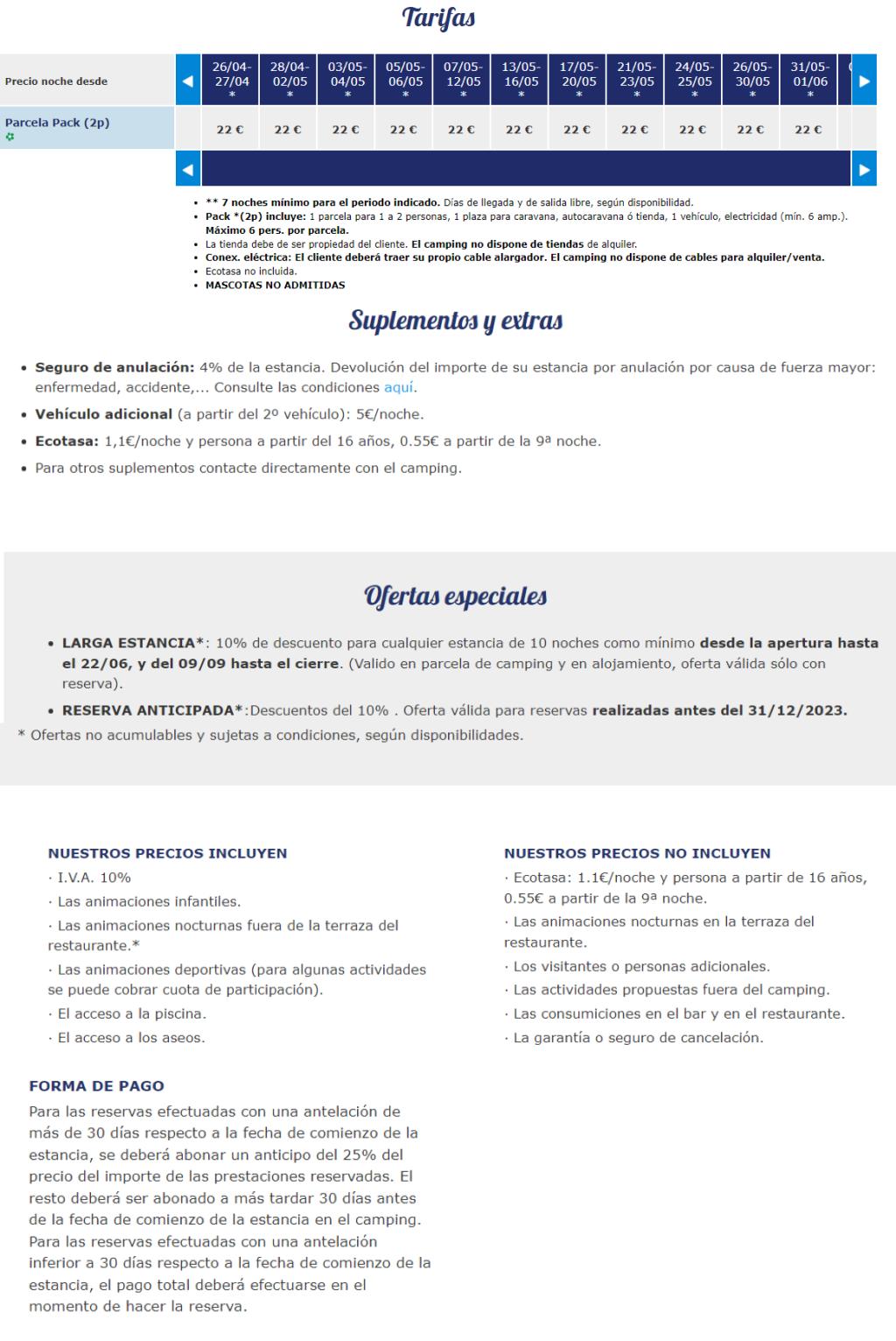 Tarifas Parcelas en Camping Son Bou, España