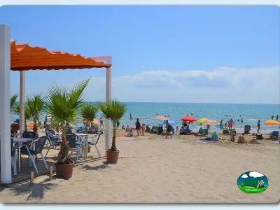 Playa junto al mar con sombrilla y palmeras del Camping Bravoplaya, Ribera de cabanes (Castellón)
