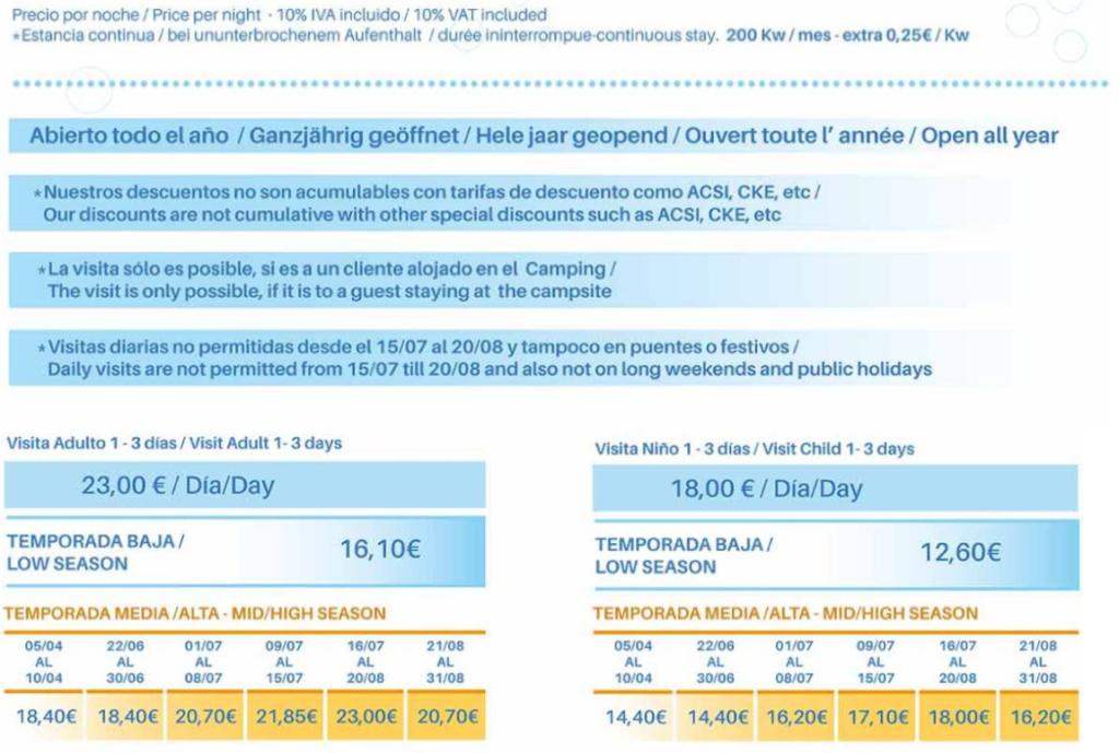 Tarifas Parcelas en Camping Bravoplaya, Castellón, España
