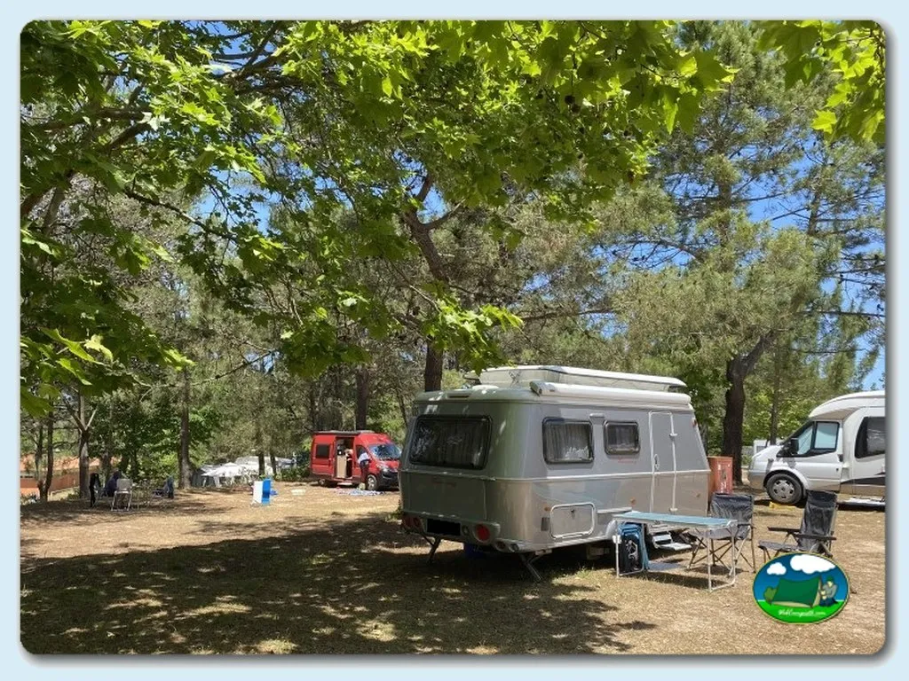 Parcela con caravana bajo árboles del Camping Orbitur Foz do Arelho, Caldas da Rainha (Leiria)