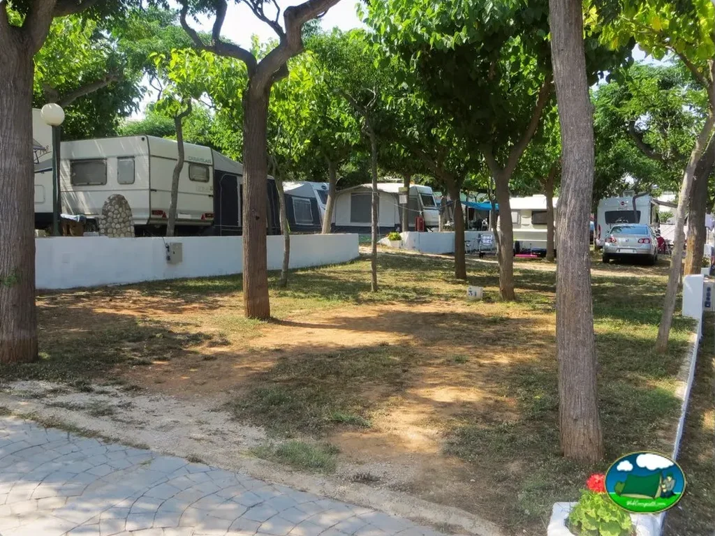 Parcela con mobil-home bajo árboles del Camping Ferrer, Peñiscola (Castellón)
