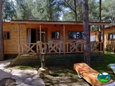 Bungalow de madera entre árboles con terraza del Camping La Torre del Sol, Montroig (Tarragona)